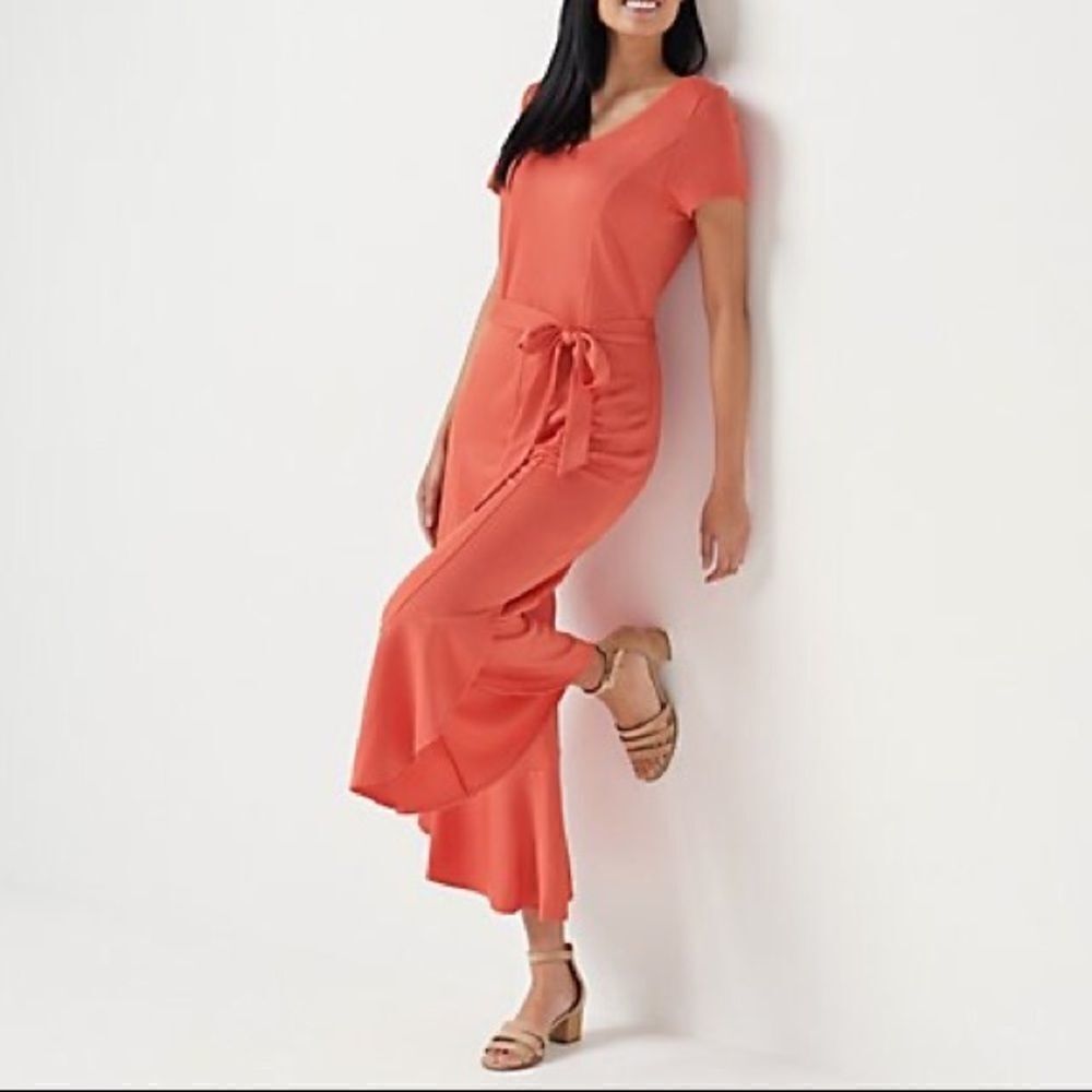 Isaac Mizrahi Tie-Waist Knit with Ruffle Jumpsuit